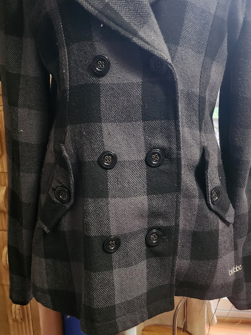 Billabong Black and Gray Plaid Double-Breasted Pea Coat - Picture 7 of 7